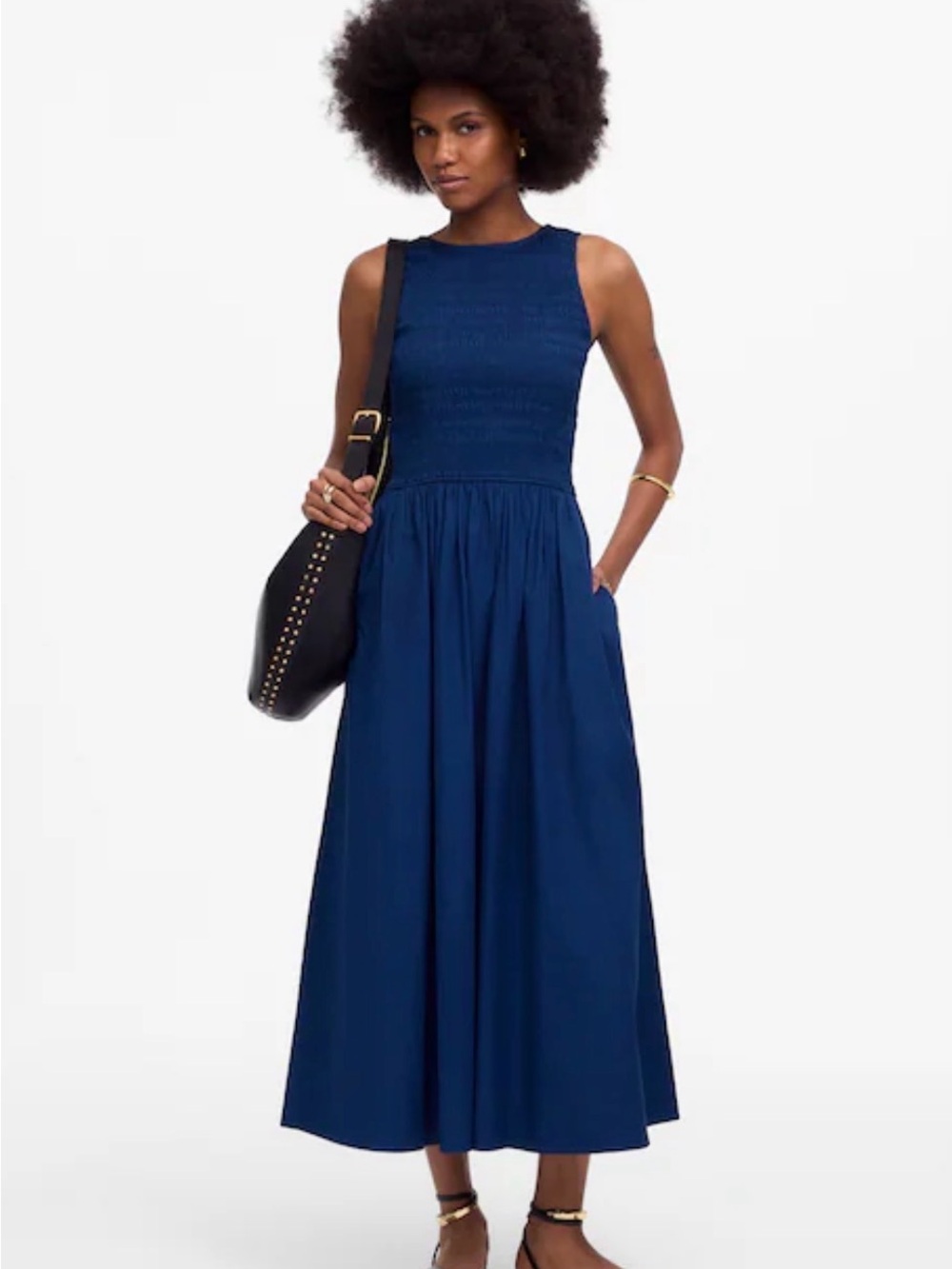 Madewell Navy Smocked Scoopback Midi Dress